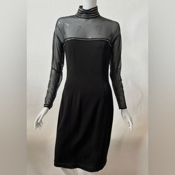 1990S TADASHI BLACK VINTAGE EVENING DRESS W SHEER SLEEVES & RHINESTONES - Picture 1 of 8